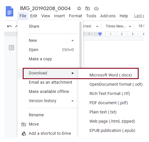 Open Google Docs,Download as,Microsoft Word