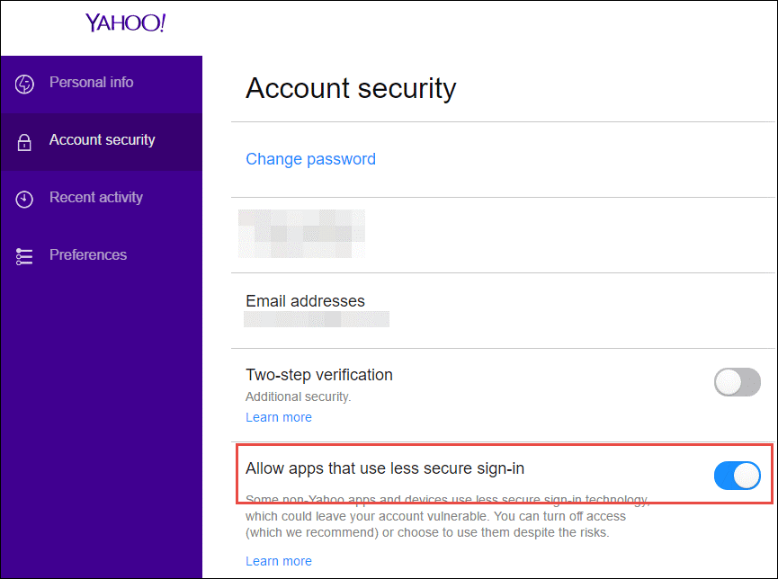 Modify the Yahoo Email Account Security to migrate yahoo mail to office 365