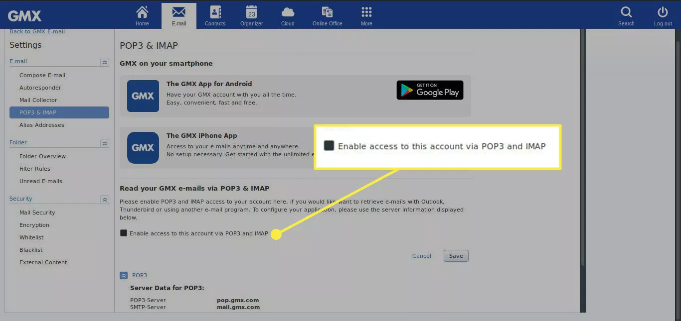access pop3 and imap open gmx in gmail