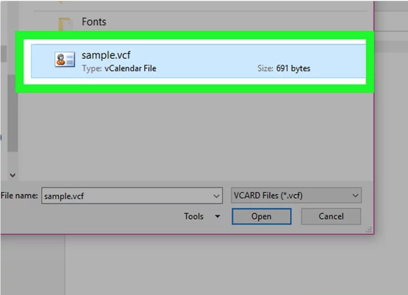 Choose the VCF file required to view in outlook