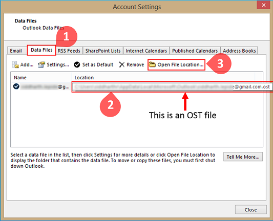Press on file tab choose OST file >>open file location option