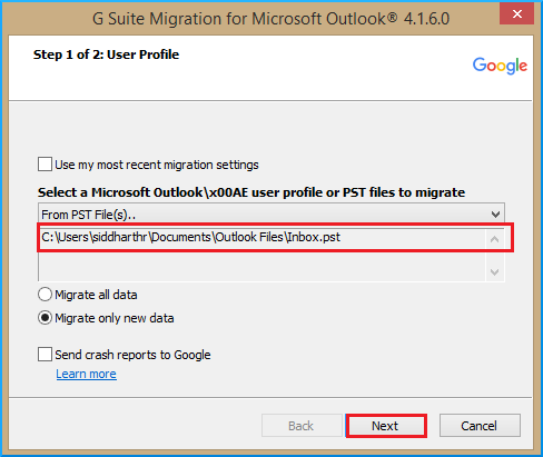 choose the location where the PST file is saved