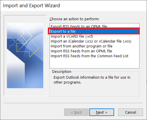 Preen on export to a file and choose outlook data file(.pst)
