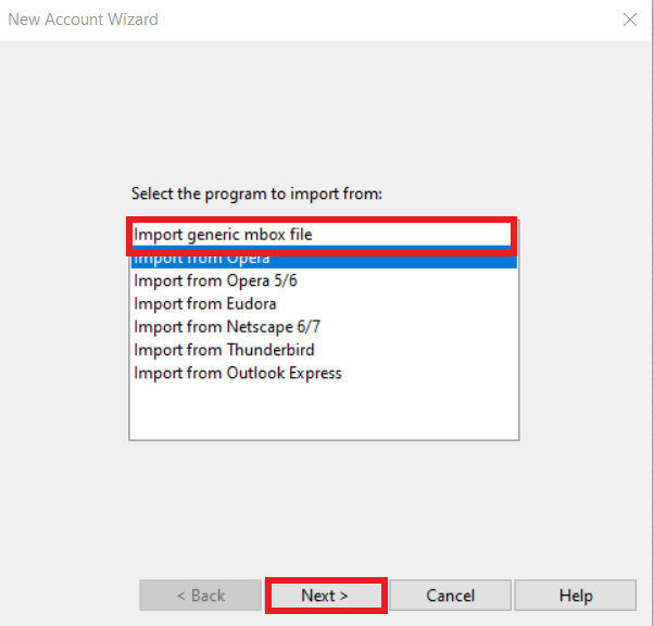 select mbox file to import opera mail