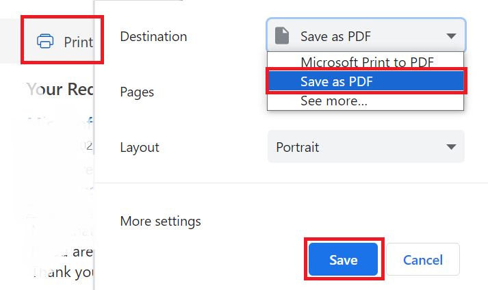 choose save as PDF then click on save to convert Hotmail to PDF 